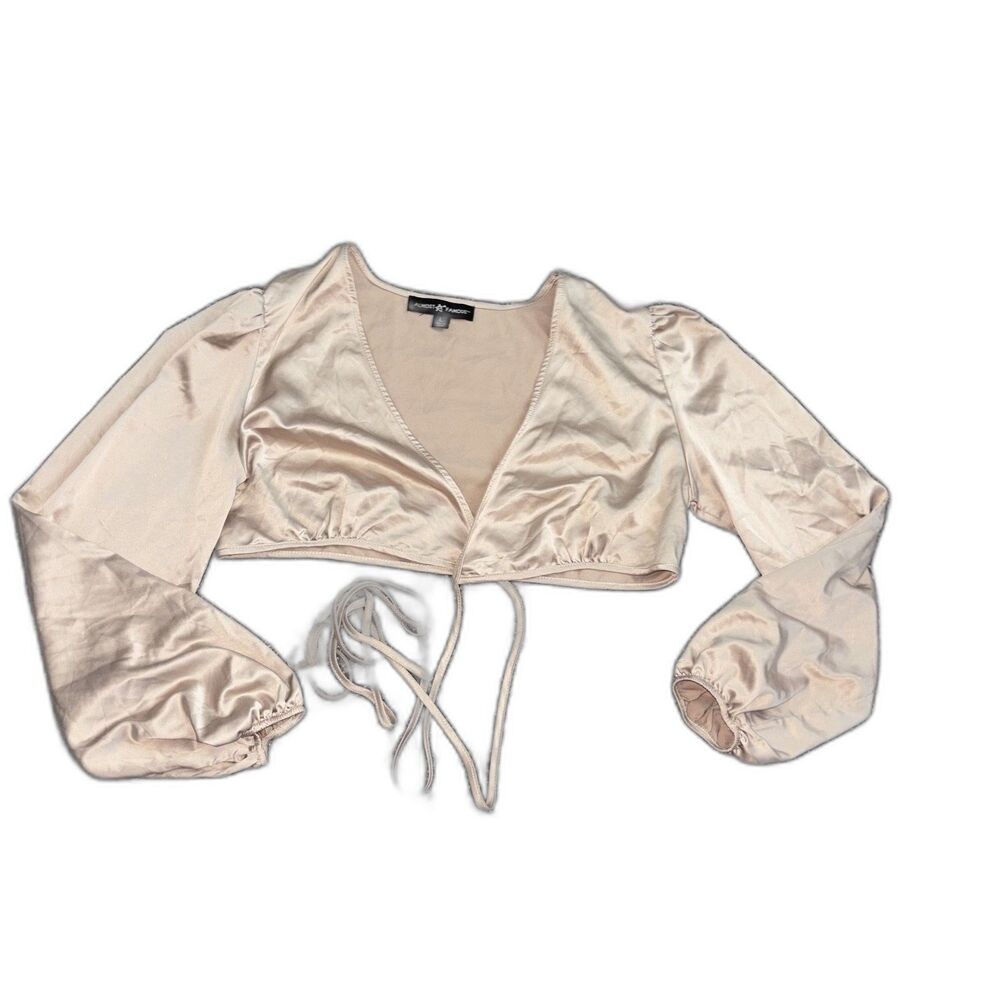 Almost Famous Beige Satin Cropped Wrap Top Size Large